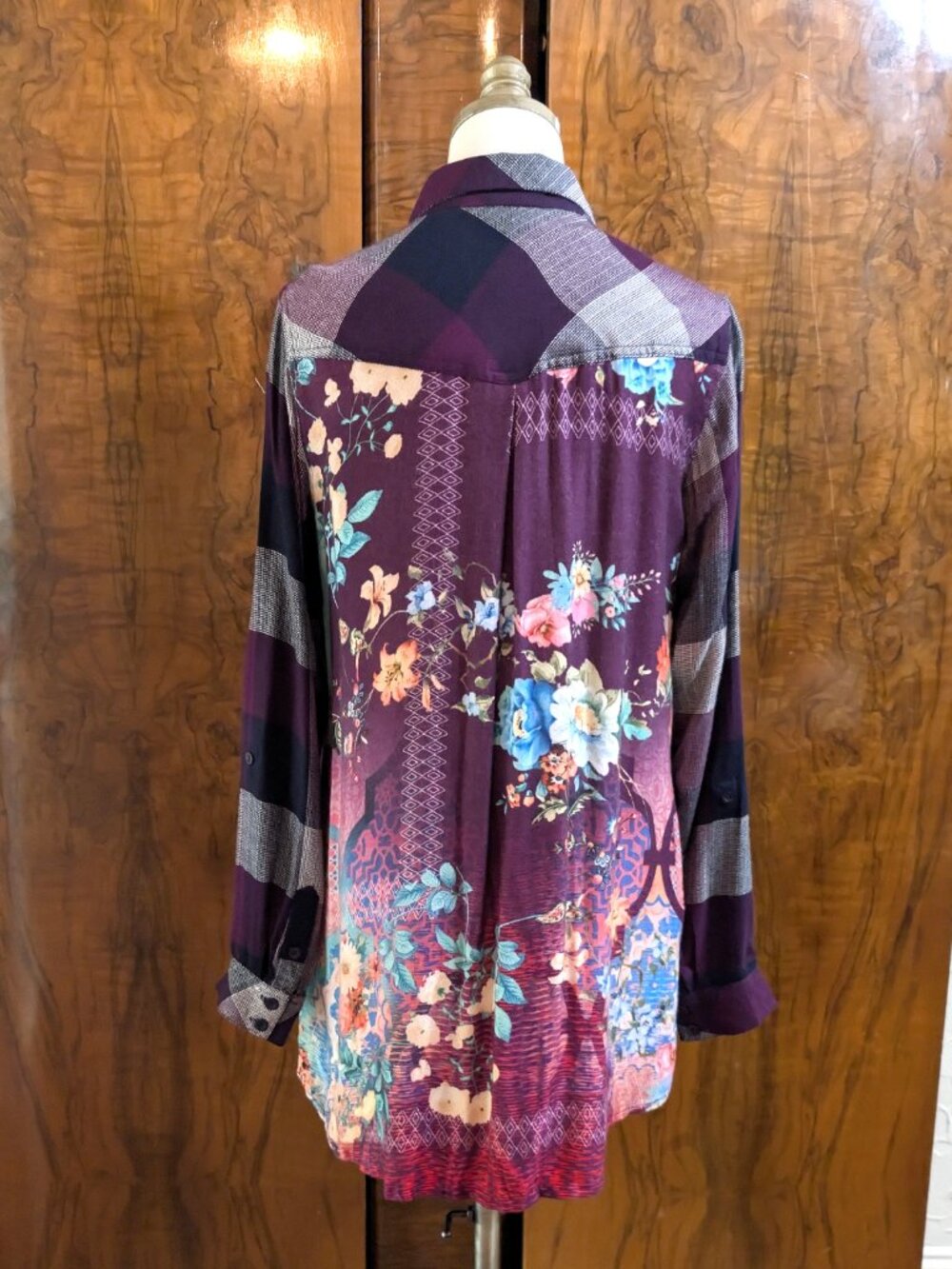 Tolani Collection Mixed Media Plaid Button Down Tunic Shirt S Purple Boho